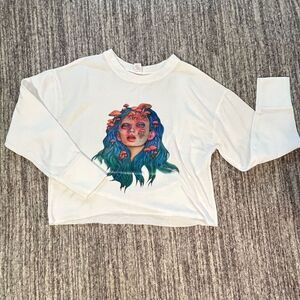 Cut Off Women’s Size Large Mushroom Girl Cropped‎ Top White Long Sleeve